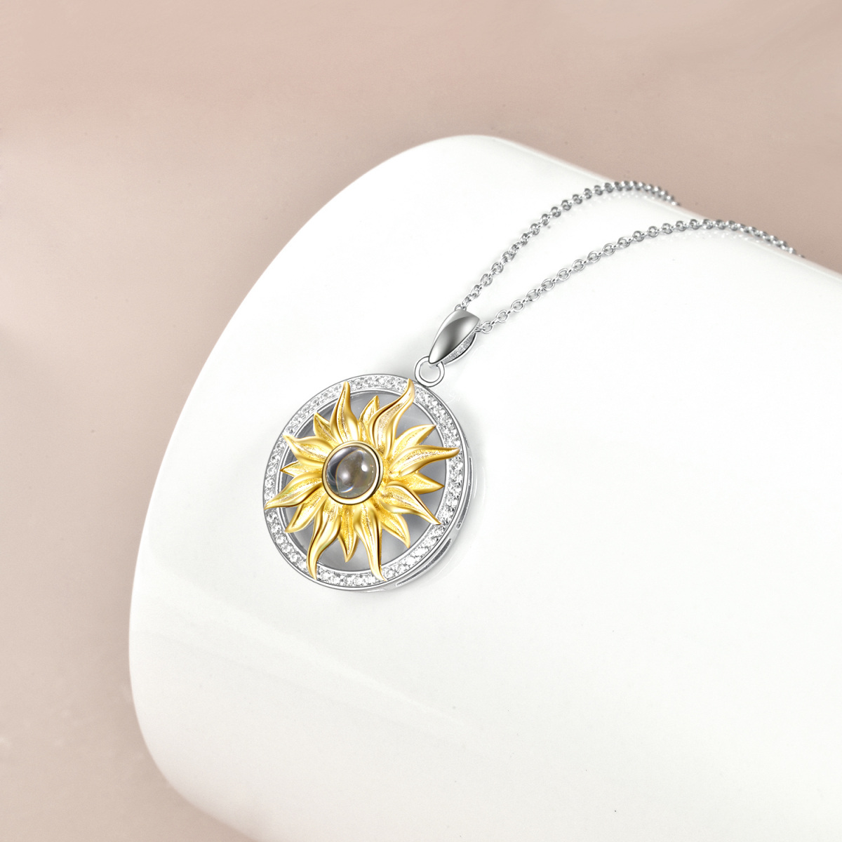 Collar de plata de ley con colgante de girasol de piedra de proyección en dos tonos-3