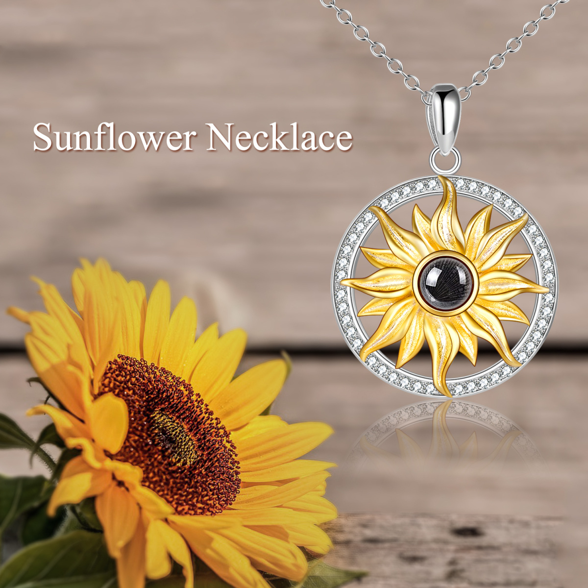 Collar de plata de ley con colgante de girasol de piedra de proyección en dos tonos-6