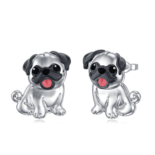 Plata de ley de dos tonos Pug Dog Stud Pendientes para Mujeres Niñas