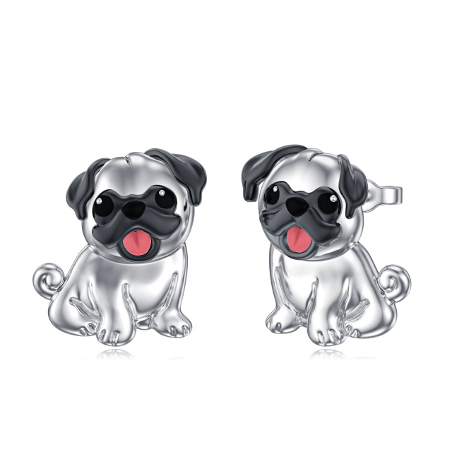 Plata de ley de dos tonos Pug Dog Stud Pendientes para Mujeres Niñas-1