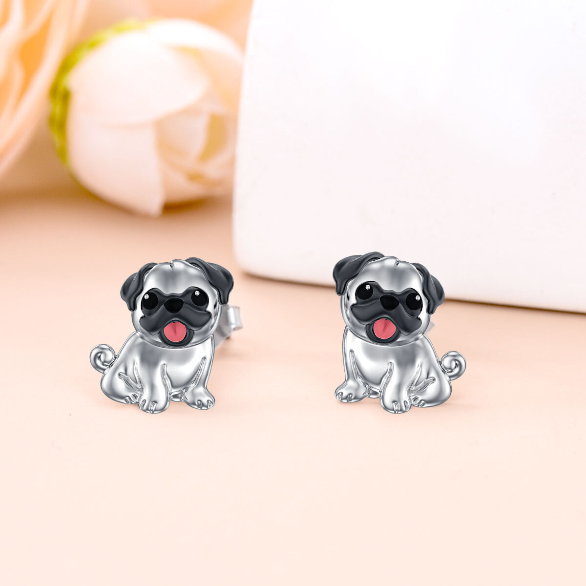 Sterling Silber zweifarbig Mops Hund Ohrstecker für Frauen Mädchen-3