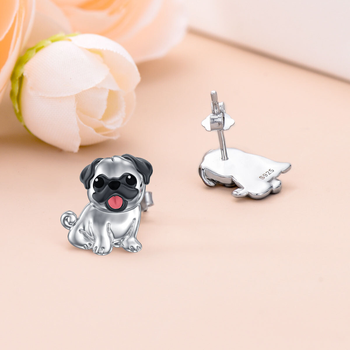 Plata de ley de dos tonos Pug Dog Stud Pendientes para Mujeres Niñas-4