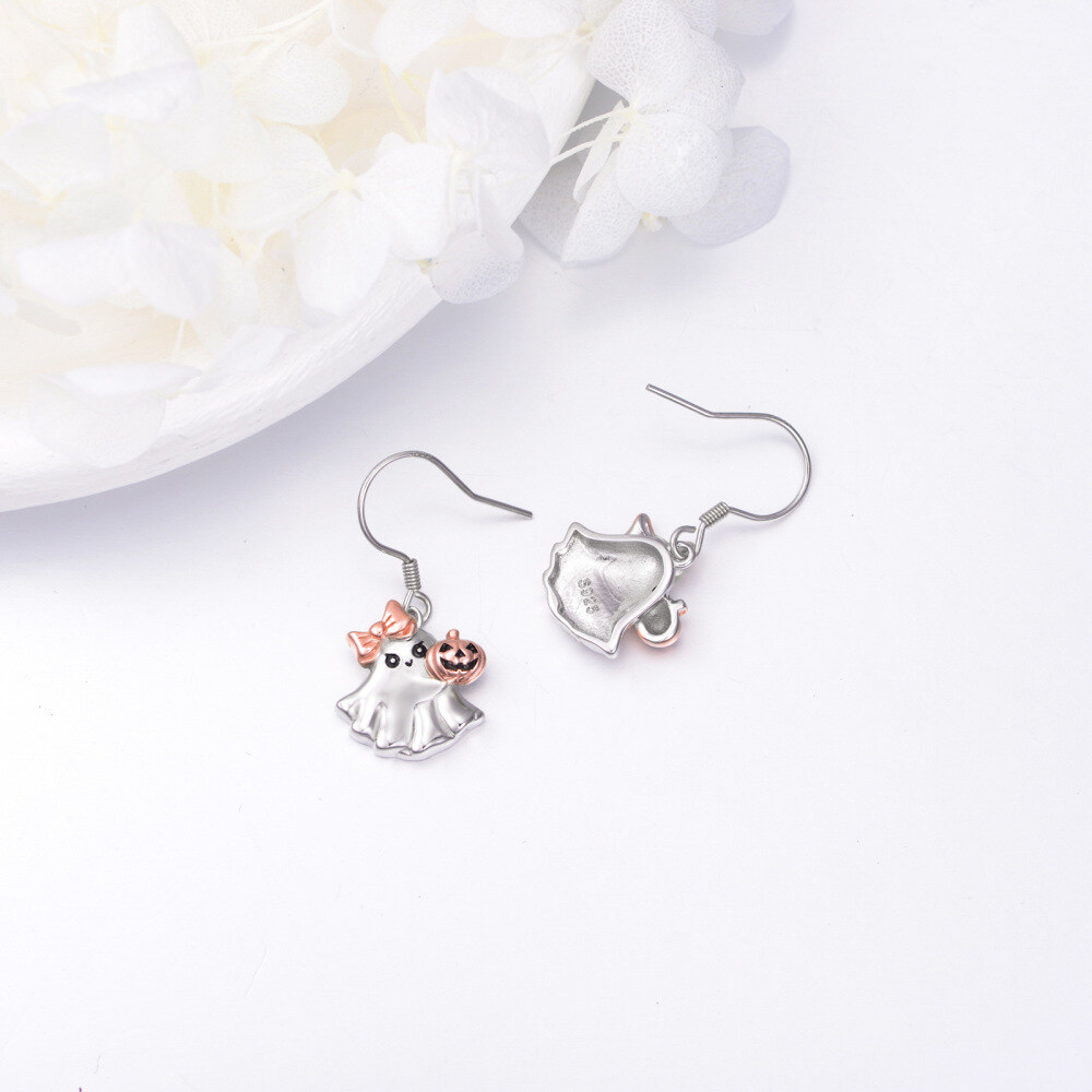 Aretes colgantes de joyería de Halloween en dos tonos de plata esterlina con diseño de calabaza y fantasma-2