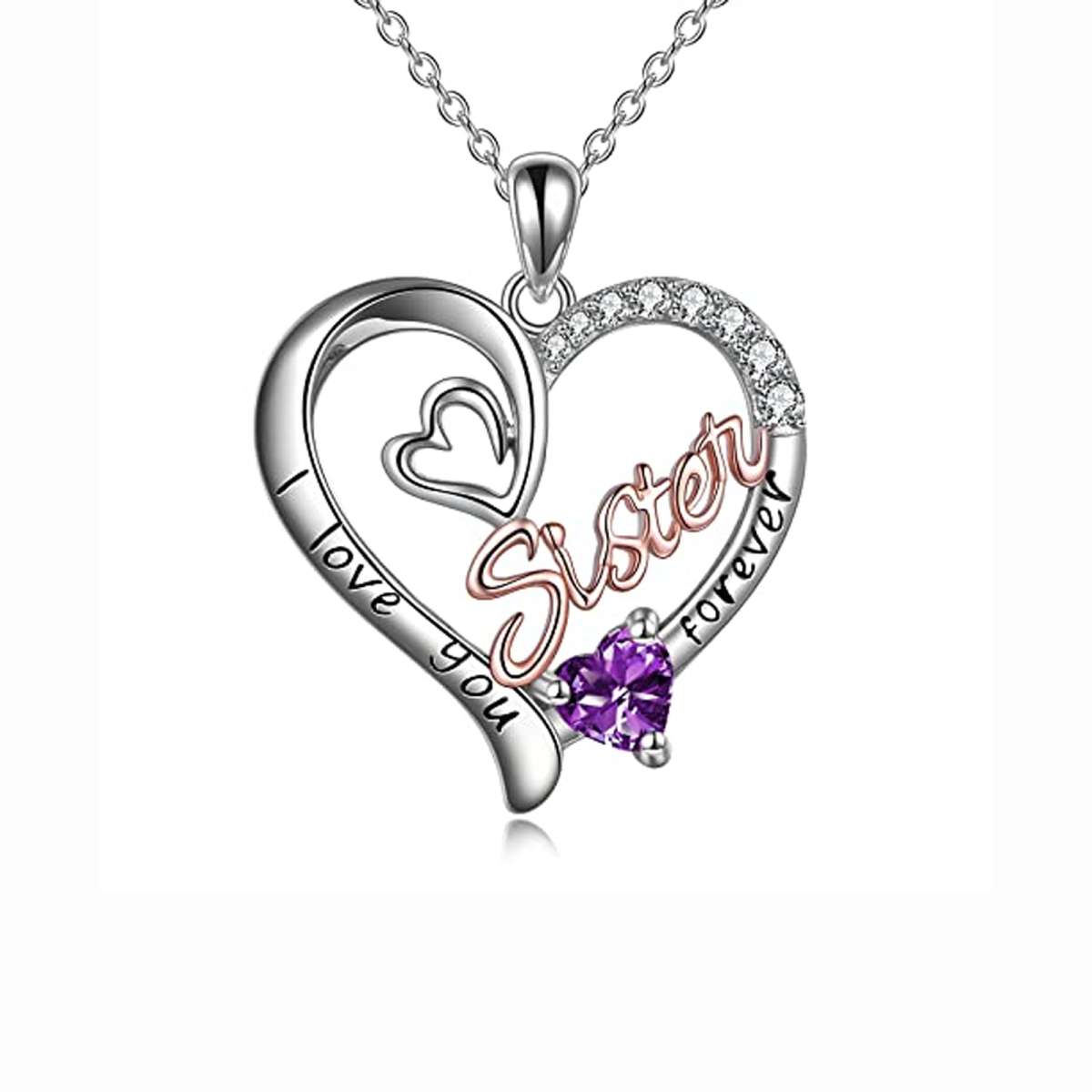 Sterling Silver Two-tone Purple Cubic Zirconia Sisters Heart Engraved Necklace for Women-1