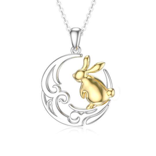 Sterling Silver Two-tone Rabbit & Celtic Knot & Moon Pendant Necklace