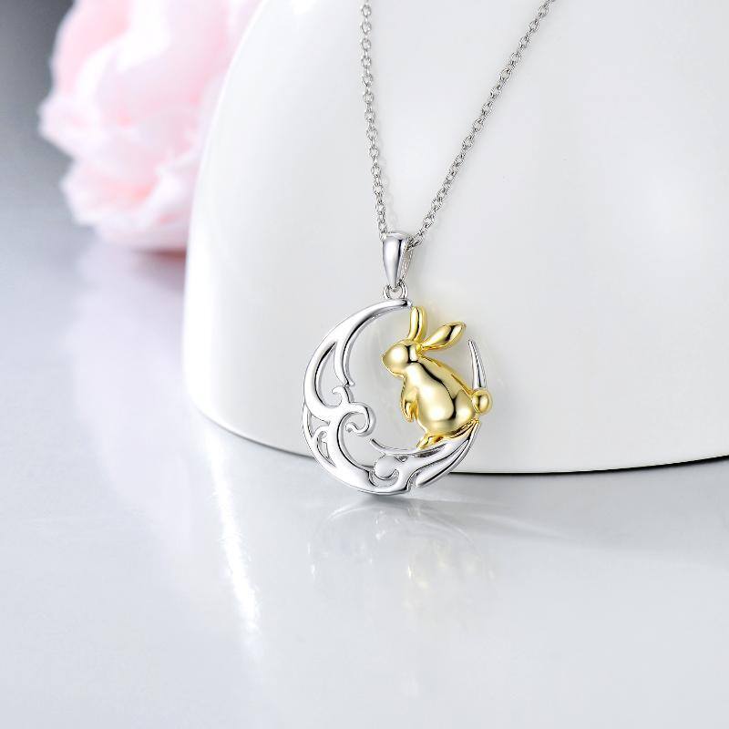 Collier avec pendentif lapin bicolore en argent sterling avec nœud celtique et lune pour femme-3