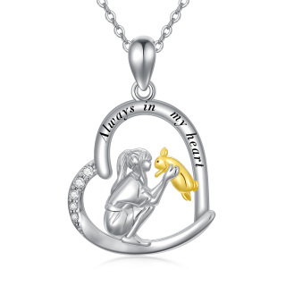 Sterling Silver Two-tone Rabbit & Girl Heart Pendant Necklace with Engraved Word-33