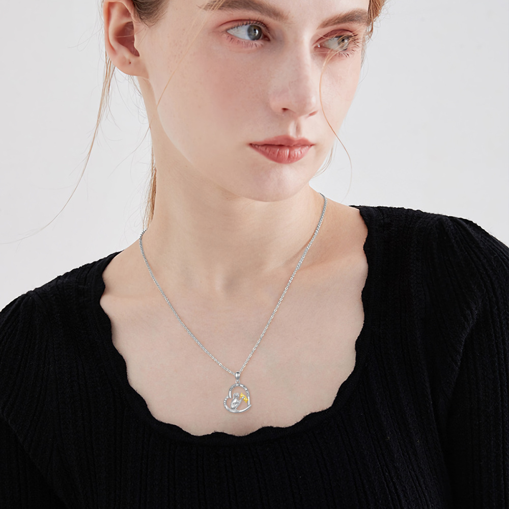 Sterling Silver Two-tone Rabbit & Girl Heart Pendant Necklace with Engraved Word-2