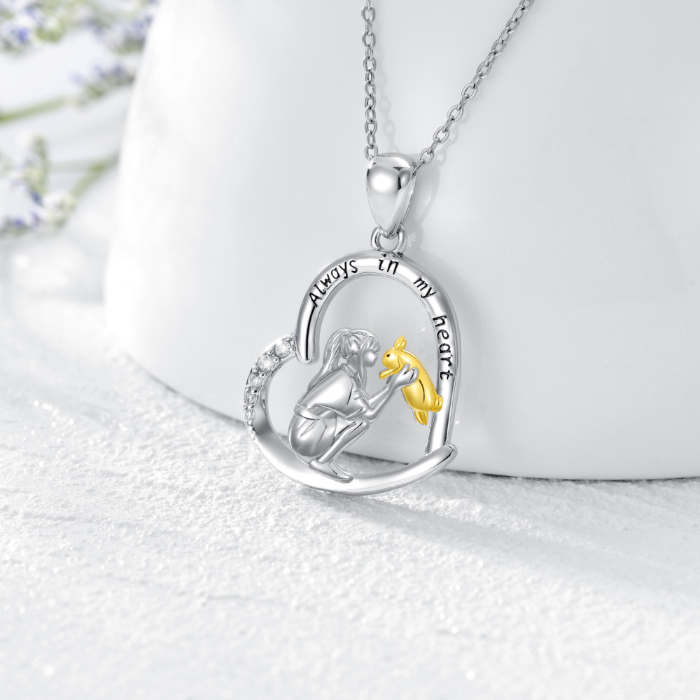 Sterling Silver Two-tone Rabbit & Girl Heart Pendant Necklace with Engraved Word-3