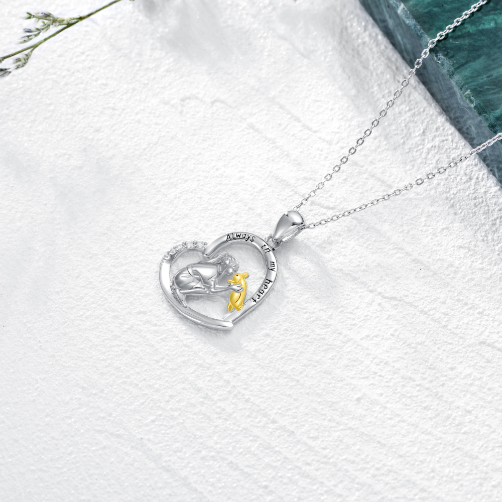 Sterling Silver Two-tone Rabbit & Girl Heart Pendant Necklace with Engraved Word-4