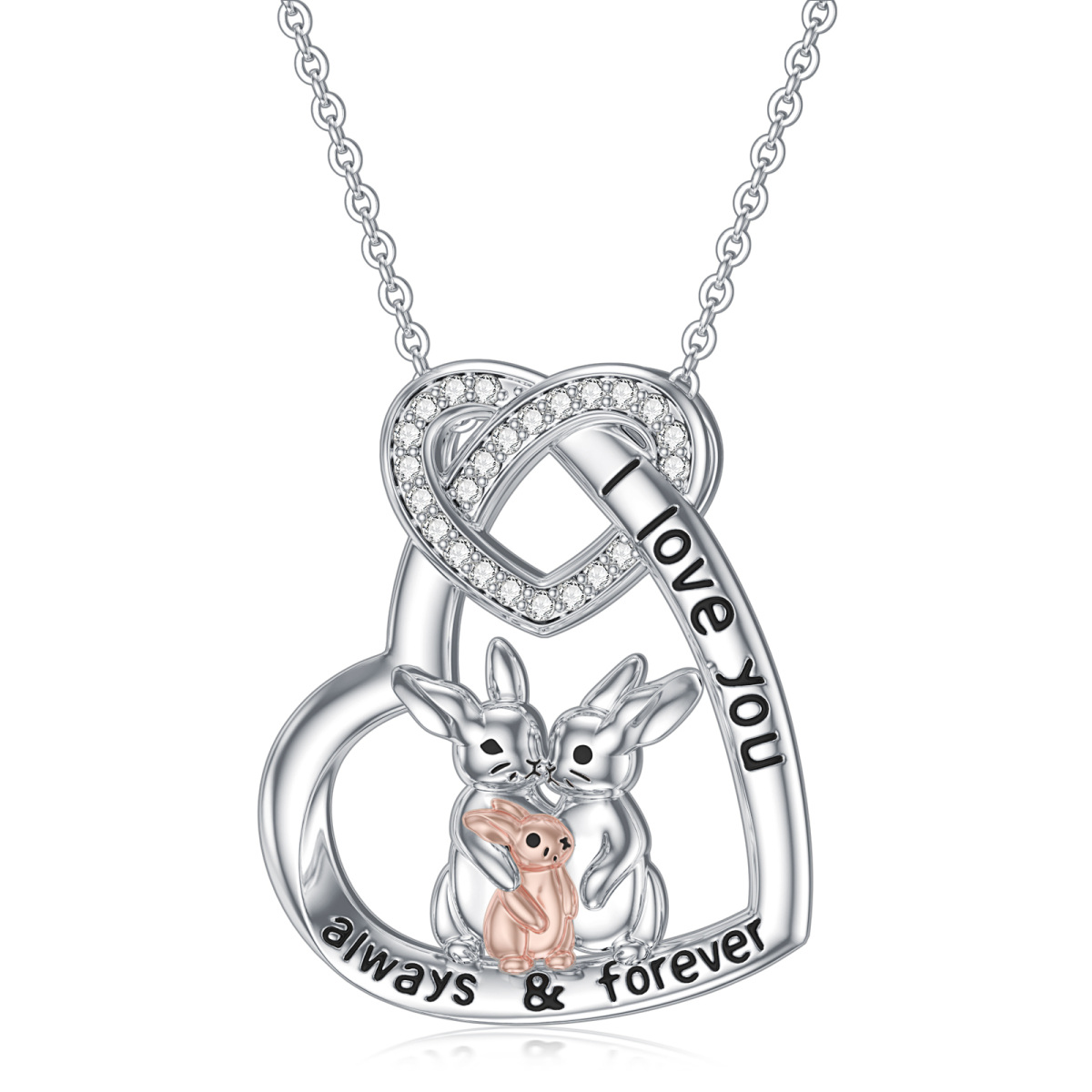 Collier avec pendentif lapin et cœur bicolore en argent sterling pour femme-1