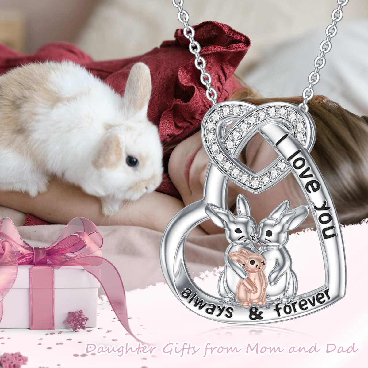 Sterling Silver Two-Tone Rabbit & Heart Pendant Necklace For Women-3