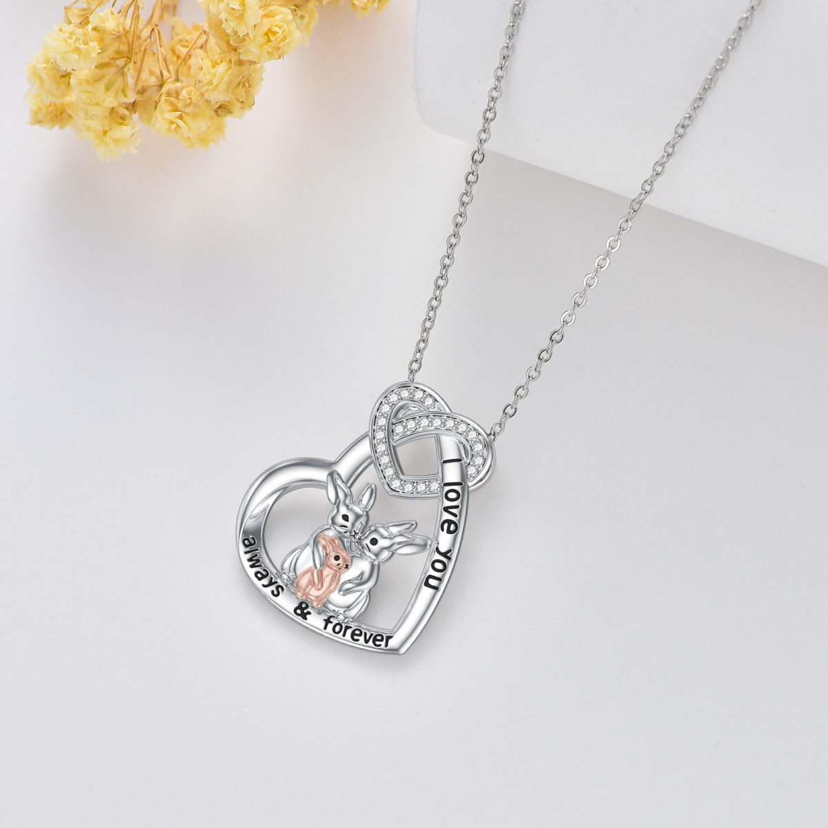 Collier avec pendentif lapin et cœur bicolore en argent sterling pour femme-5