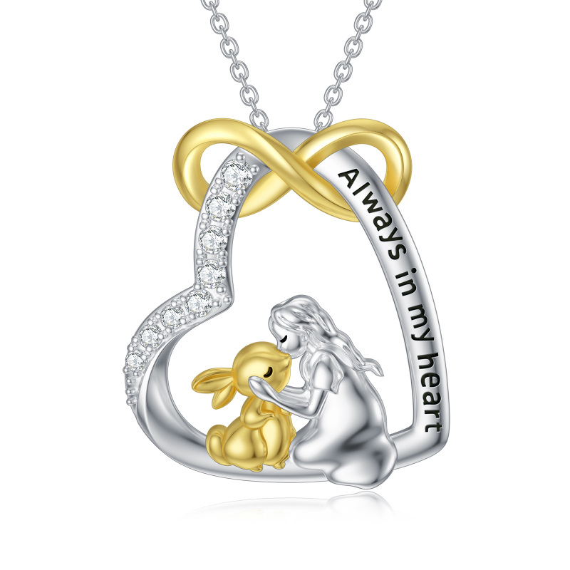 Sterling Silver Two-tone Cubic Zirconia Rabbit & Heart Pendant Necklace with Engraved Word-17