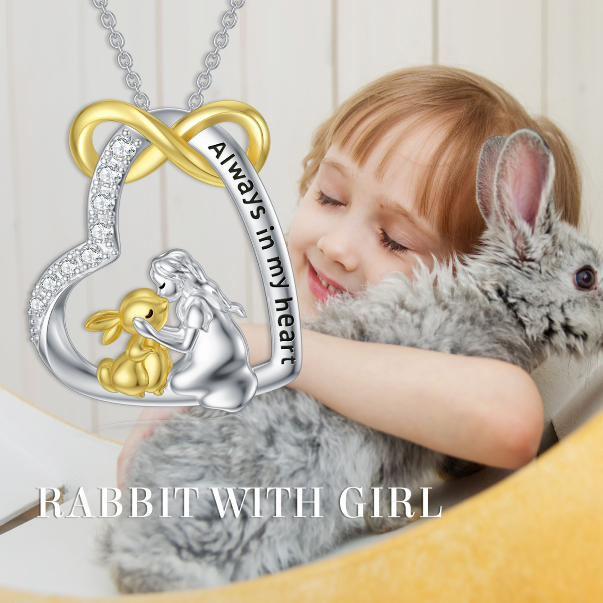 Sterling Silver Two-tone Cubic Zirconia Rabbit & Heart Pendant Necklace with Engraved Word-3