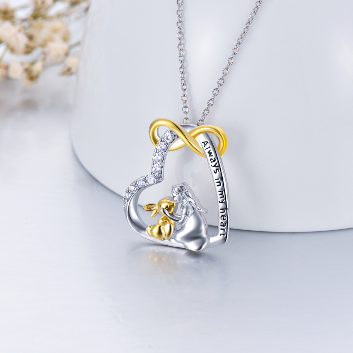 Sterling Silver Two-tone Cubic Zirconia Rabbit & Heart Pendant Necklace with Engraved Word-4