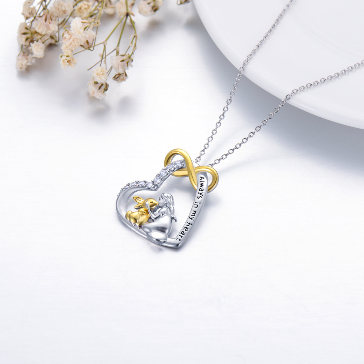 Sterling Silver Two-tone Cubic Zirconia Rabbit & Heart Pendant Necklace with Engraved Word-5