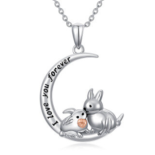 Sterling Silver Two-tone Rabbit & Moon Pendant Necklace with Engraved Word-34