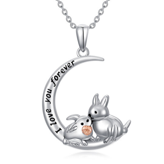 Sterling Silver Two-tone Rabbit & Moon Pendant Necklace with Engraved Word