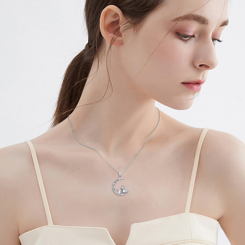 Sterling Silver Two-tone Rabbit & Moon Pendant Necklace with Engraved Word-2
