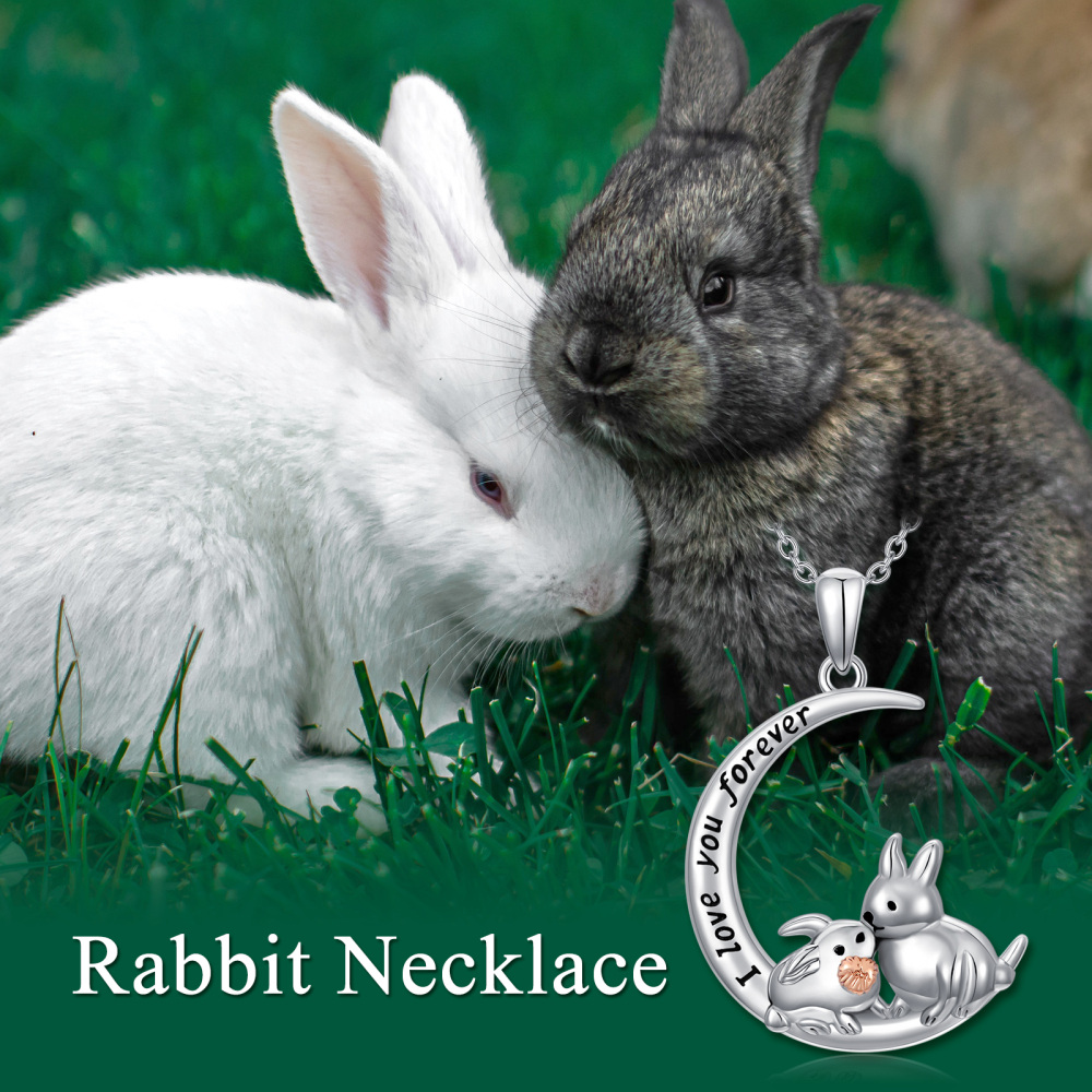 Sterling Silver Two-tone Rabbit & Moon Pendant Necklace with Engraved Word-3
