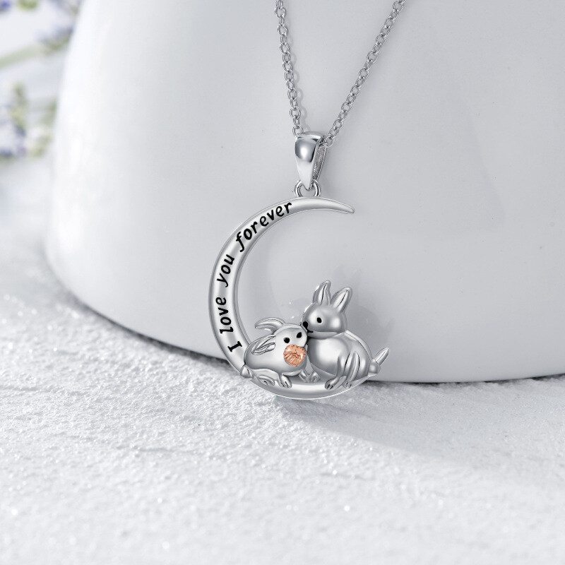Sterling Silver Two-tone Rabbit & Moon Pendant Necklace with Engraved Word-5
