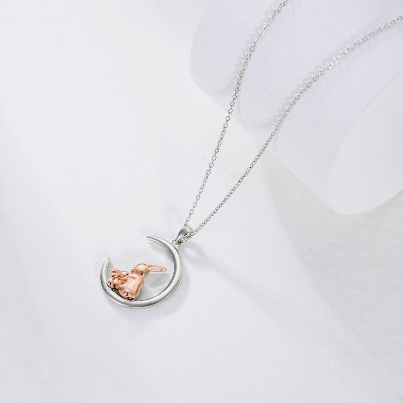 Sterling Silver Two-tone Rabbit & Moon Pendant Necklace-4