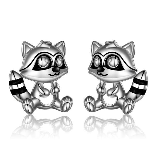 Sterling Silver Two-tone Raccoon Stud Earrings-1