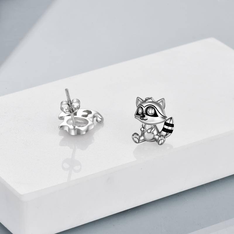 Pendientes de plata de ley con forma de mapache en dos tonos-4