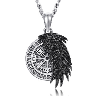 Sterling Silver Two-tone Raven & Viking Rune Pendant Necklace for Men-6