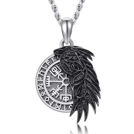 Sterling Silver Two-tone Raven & Viking Rune Pendant Necklace for Men