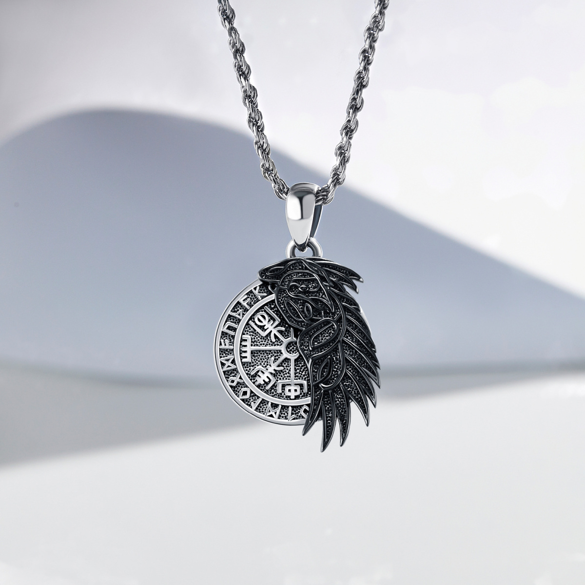 Sterling Silver Two-tone Raven & Viking Rune Pendant Necklace for Men-3