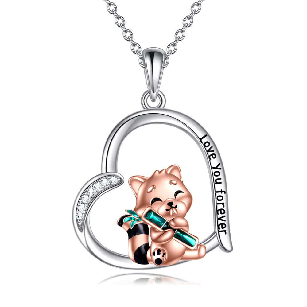 Collar de plata de ley con dos tonos de circonita cúbica, panda rojo y colgante de corazón-1