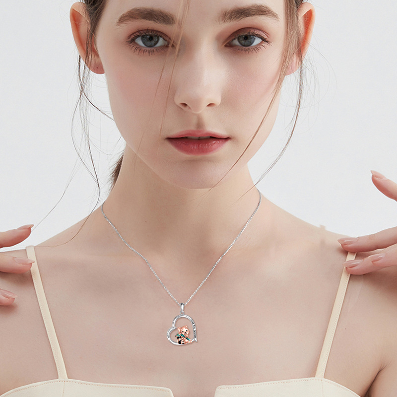 Sterling Silver Two-tone Cubic Zirconia Red Panda & Heart Pendant Necklace with Engraved Word-2