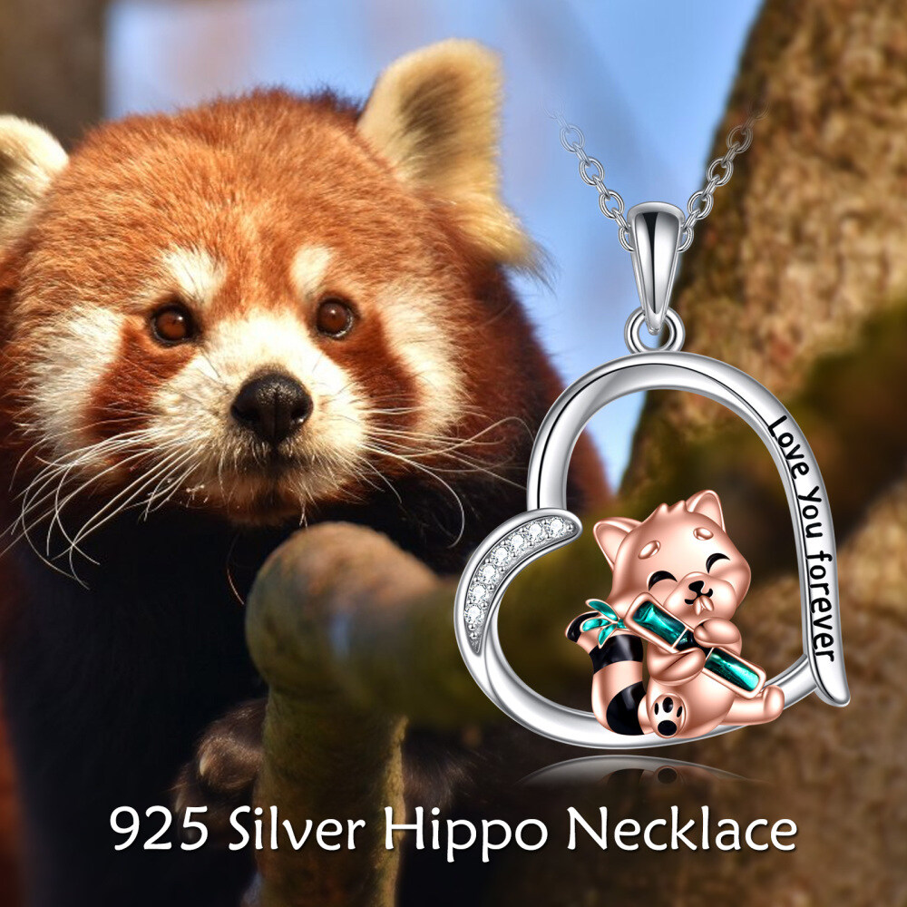 Collar de plata de ley con dos tonos de circonita cúbica, panda rojo y colgante de corazón-3