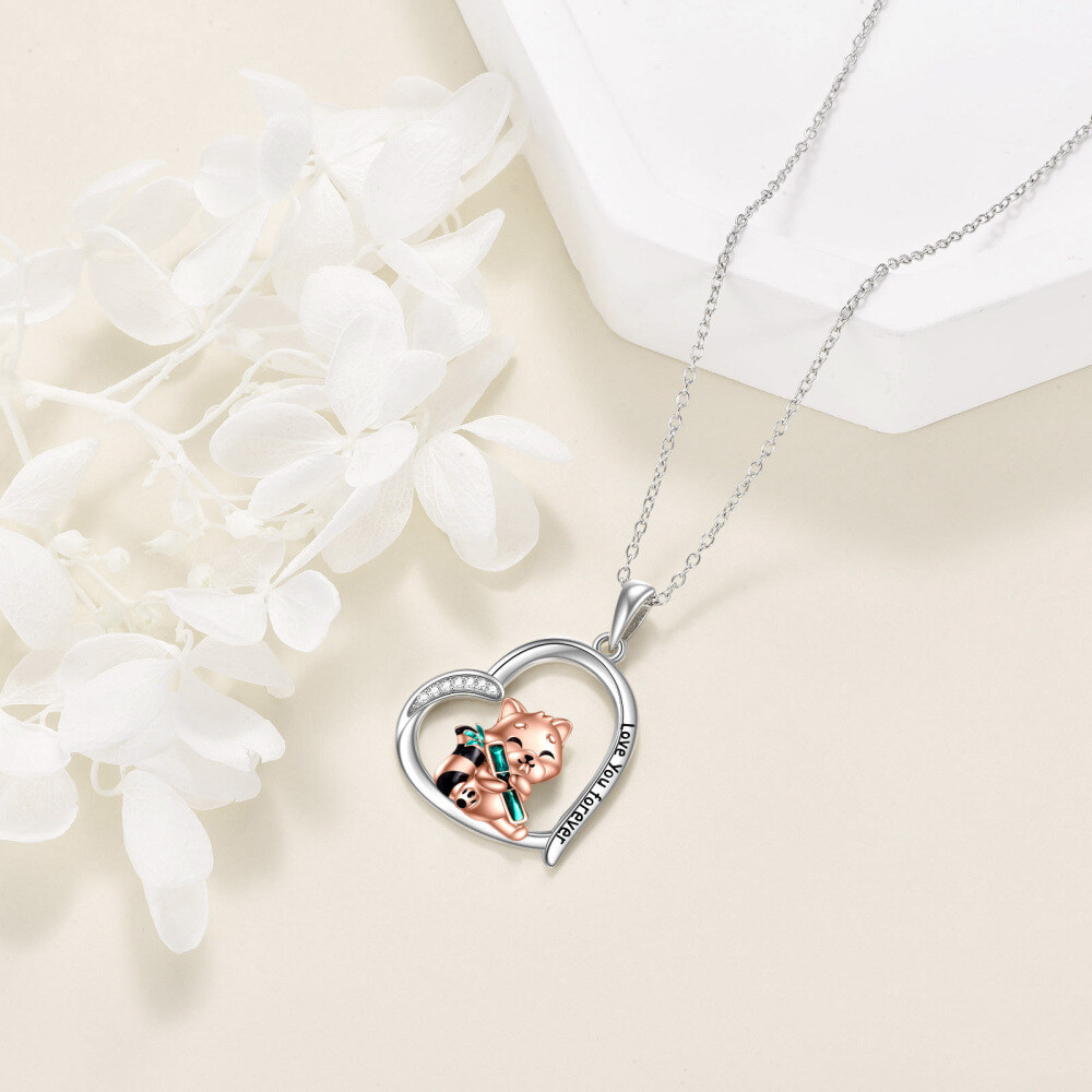 Collar de plata de ley con dos tonos de circonita cúbica, panda rojo y colgante de corazón-5