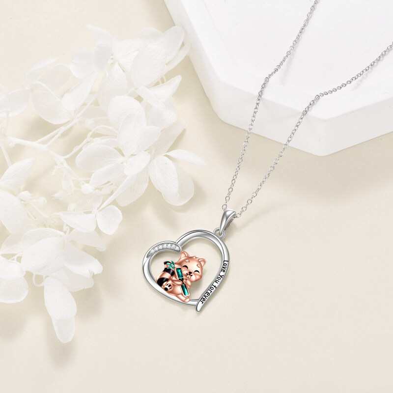 Sterling Silver Two-tone Cubic Zirconia Red Panda & Heart Pendant Necklace with Engraved Word-5
