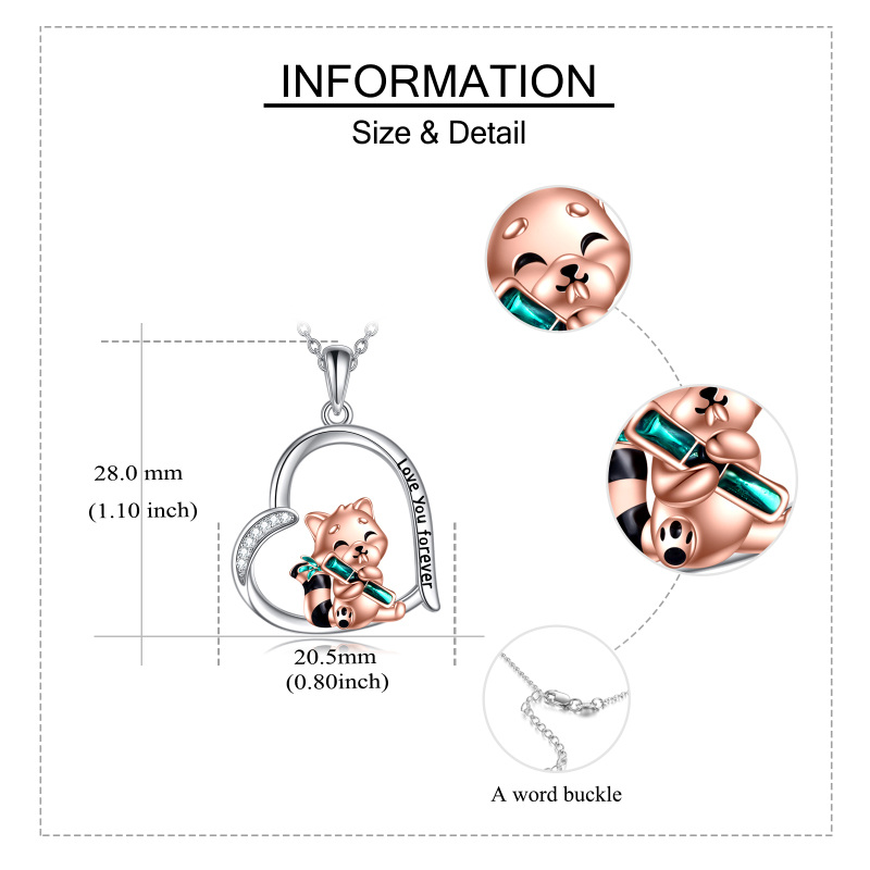 Sterling Silver Two-tone Cubic Zirconia Red Panda & Heart Pendant Necklace with Engraved Word-6