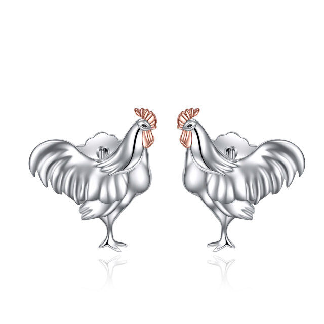 Sterling Silver Two-tone Rooster Stud Earrings-1