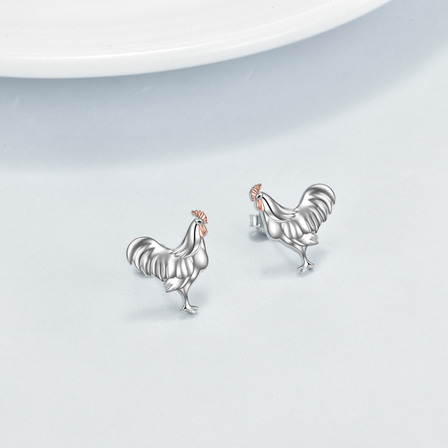 Aretes de plata de ley con diseño de gallo en dos tonos-3