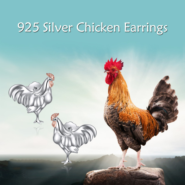 Sterling Silver Two-tone Rooster Stud Earrings-6