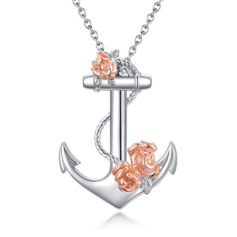 Sterling Silver Two-tone Rose & Anchor Pendant Necklace-15