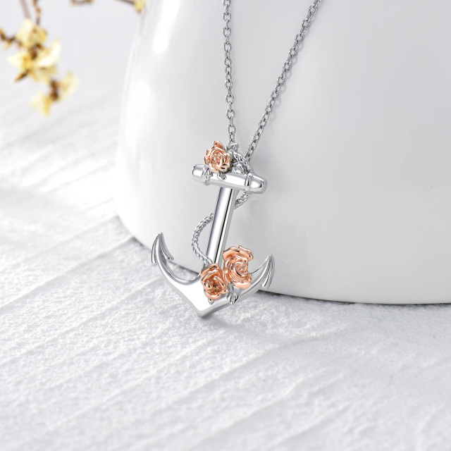 Sterling Silver Two-tone Rose & Anchor Pendant Necklace-4