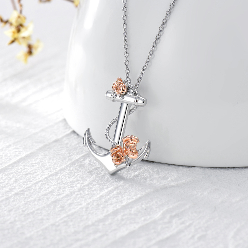 Sterling Silver Two-tone Rose & Anchor Pendant Necklace-4