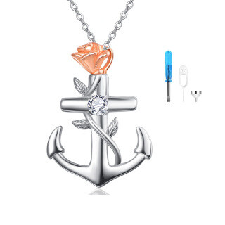 Sterling Silver Two-tone Cubic Zirconia Rose & Anchor Urn Necklace for Ashes-46