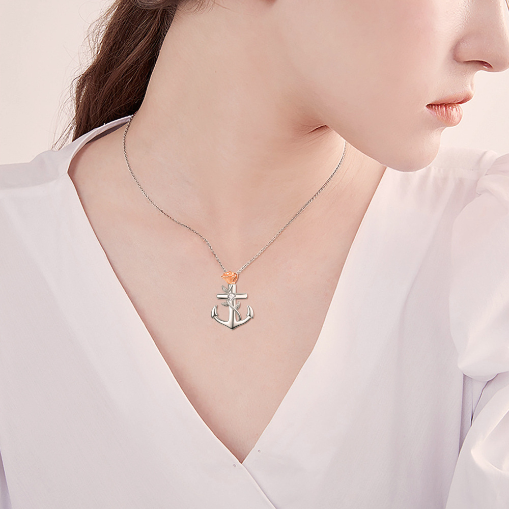 Collana con urna per ceneri in argento sterling bicolore con zirconi rosa e ancora-2