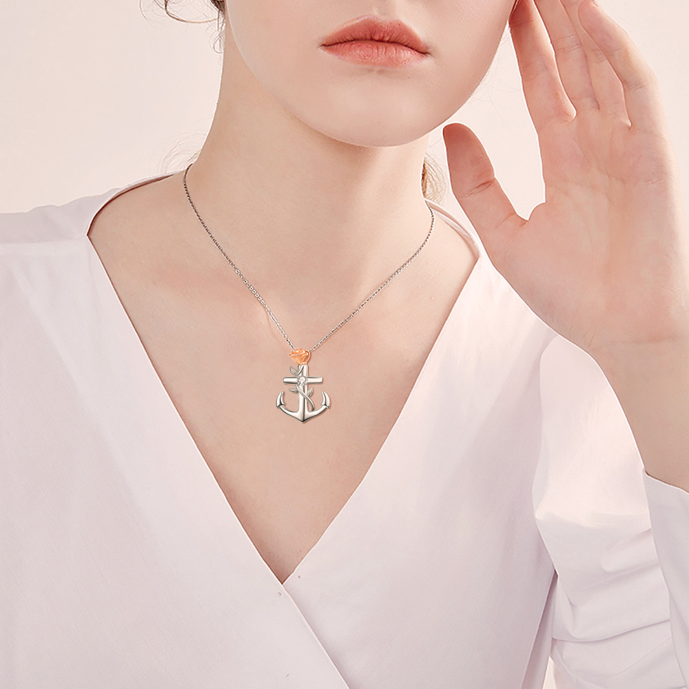 Collana con urna per ceneri in argento sterling bicolore con zirconi rosa e ancora-3