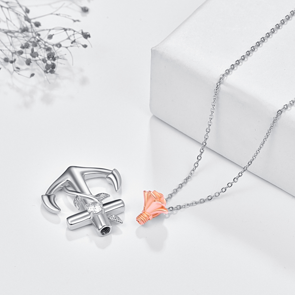 Collana con urna per ceneri in argento sterling bicolore con zirconi rosa e ancora-4
