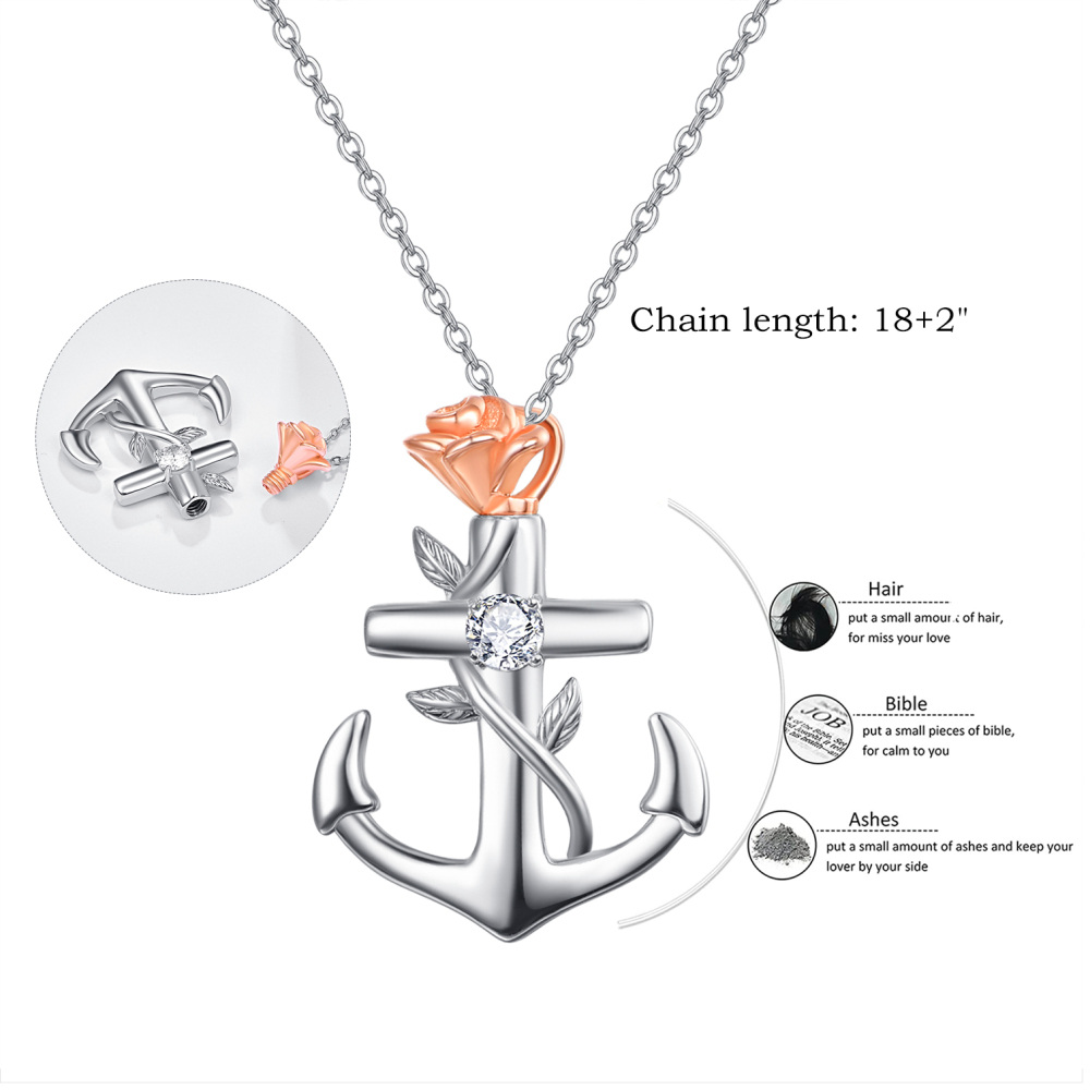 Collana con urna per ceneri in argento sterling bicolore con zirconi rosa e ancora-5