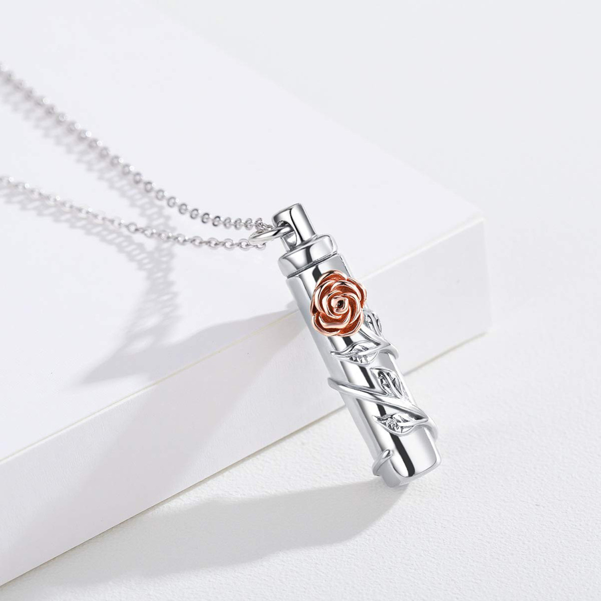 Sterling Silber zweifarbig Rose Bar Urne Halskette für Asche-3